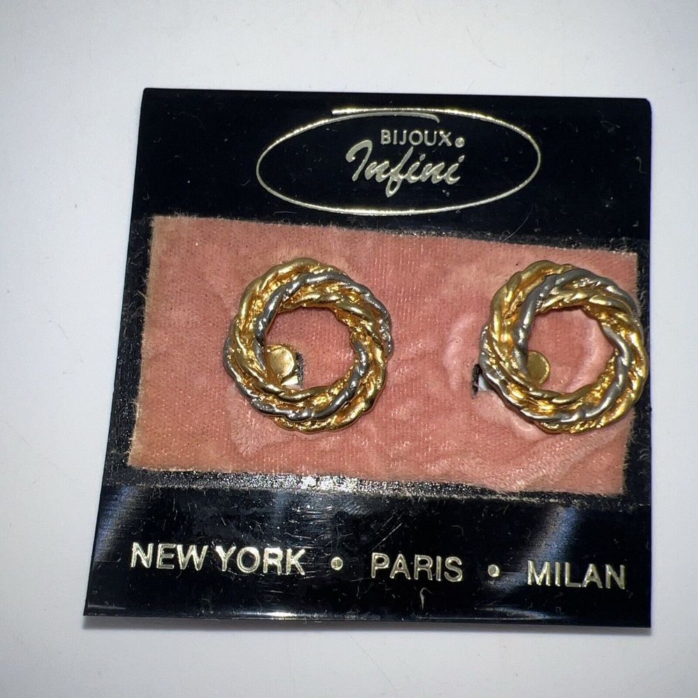 Vintage Bijoux Infini Clip On Earrings Round Silver Gold 2 Tone Costume Jewelry